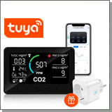 Многофункциональный Tuya Wi-Fi монитор качества воздуха 6 в 1 - HTI-0261-BT датчик (CO2)+влажность+температура+взвешенных частиц PM2.5, PM1.0+общих летучих органических соединений в комплекте с умной розеткой